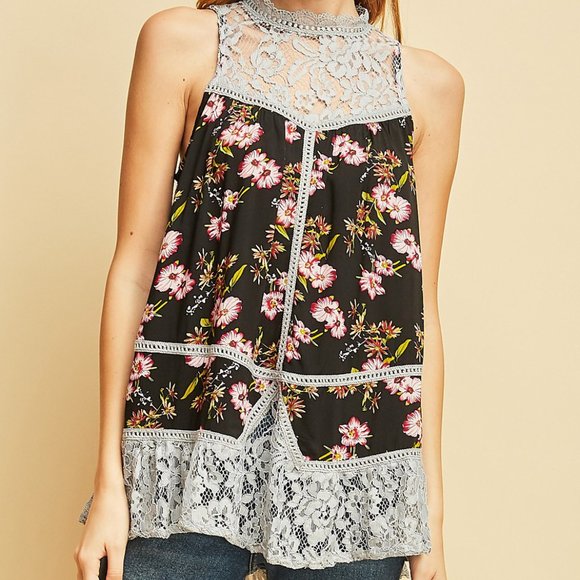 Black Floral Lace Detail Tank Top - Picture 5 of 10